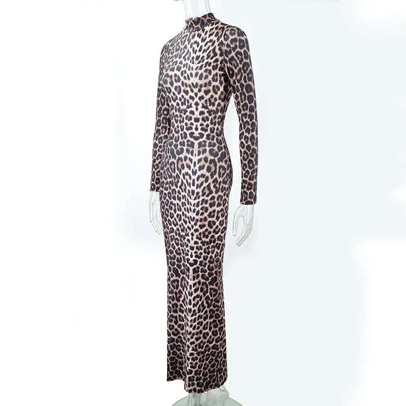 Long Sleeve Leopard Print Stand Collar Formal Dress