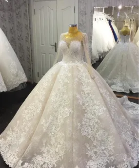 Long sleeves lace appliqués gown skirt wedding prom dress