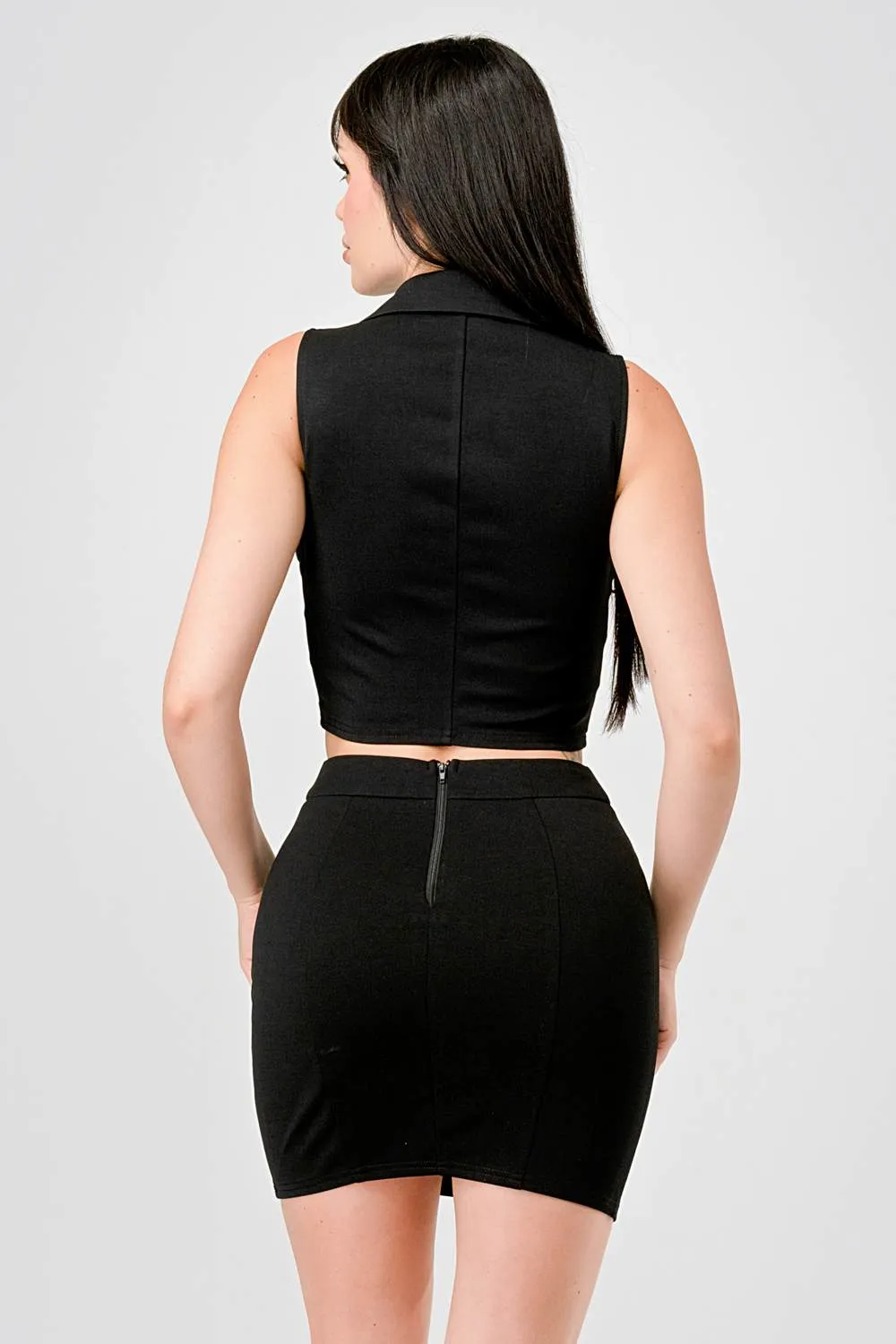 LUXE NYLON PONTE ZIPUP VEST TOP & MINI SKIRT SETS