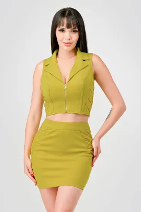 LUXE NYLON PONTE ZIPUP VEST TOP & MINI SKIRT SETS