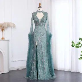 Luxury Beaded Sequined Mermaid Evening Dress with Cape Sleeves