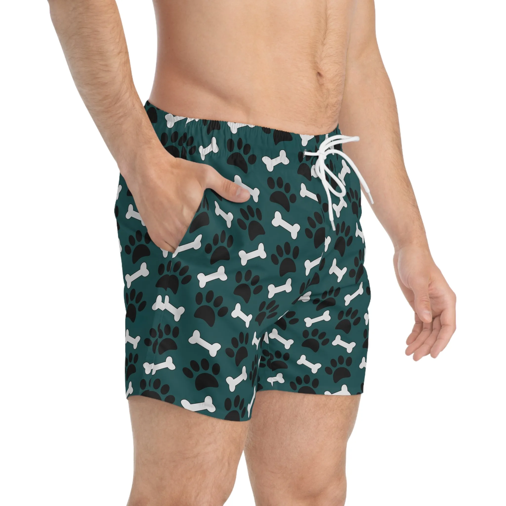 Men's Swim Trunks with paws and bones design, Dog lover's swim trunks