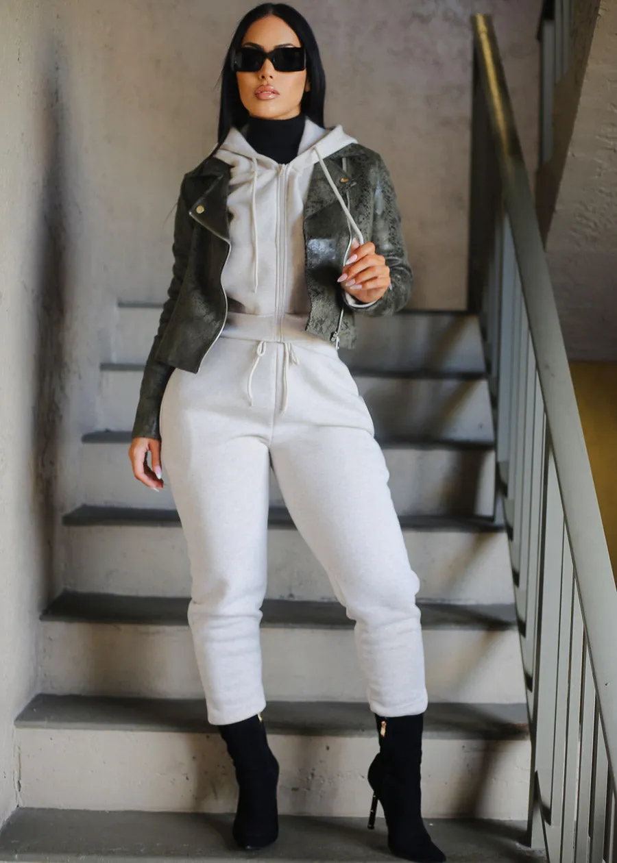 Oatmeal Fleece Drawstring Joggers w Pockets
