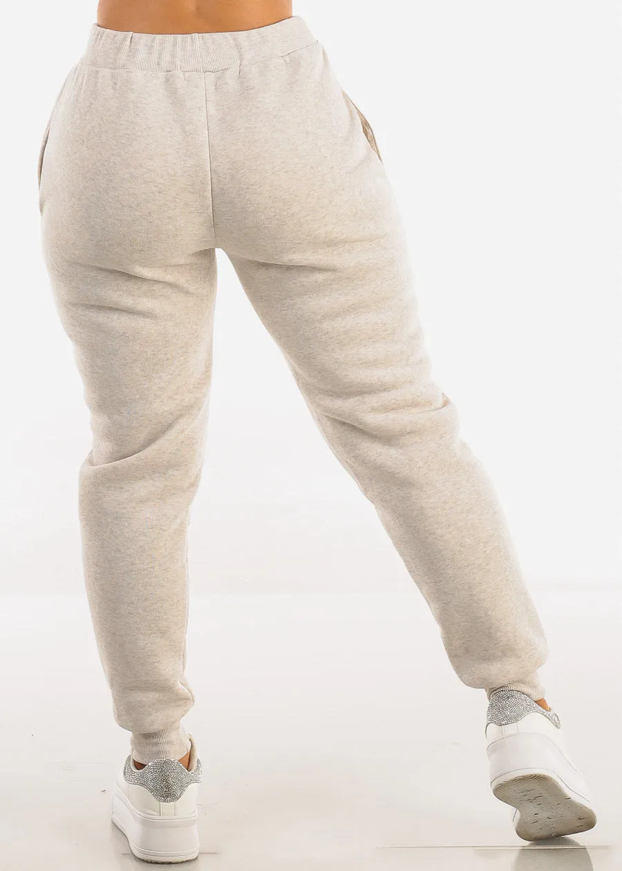 Oatmeal Fleece Drawstring Joggers w Pockets