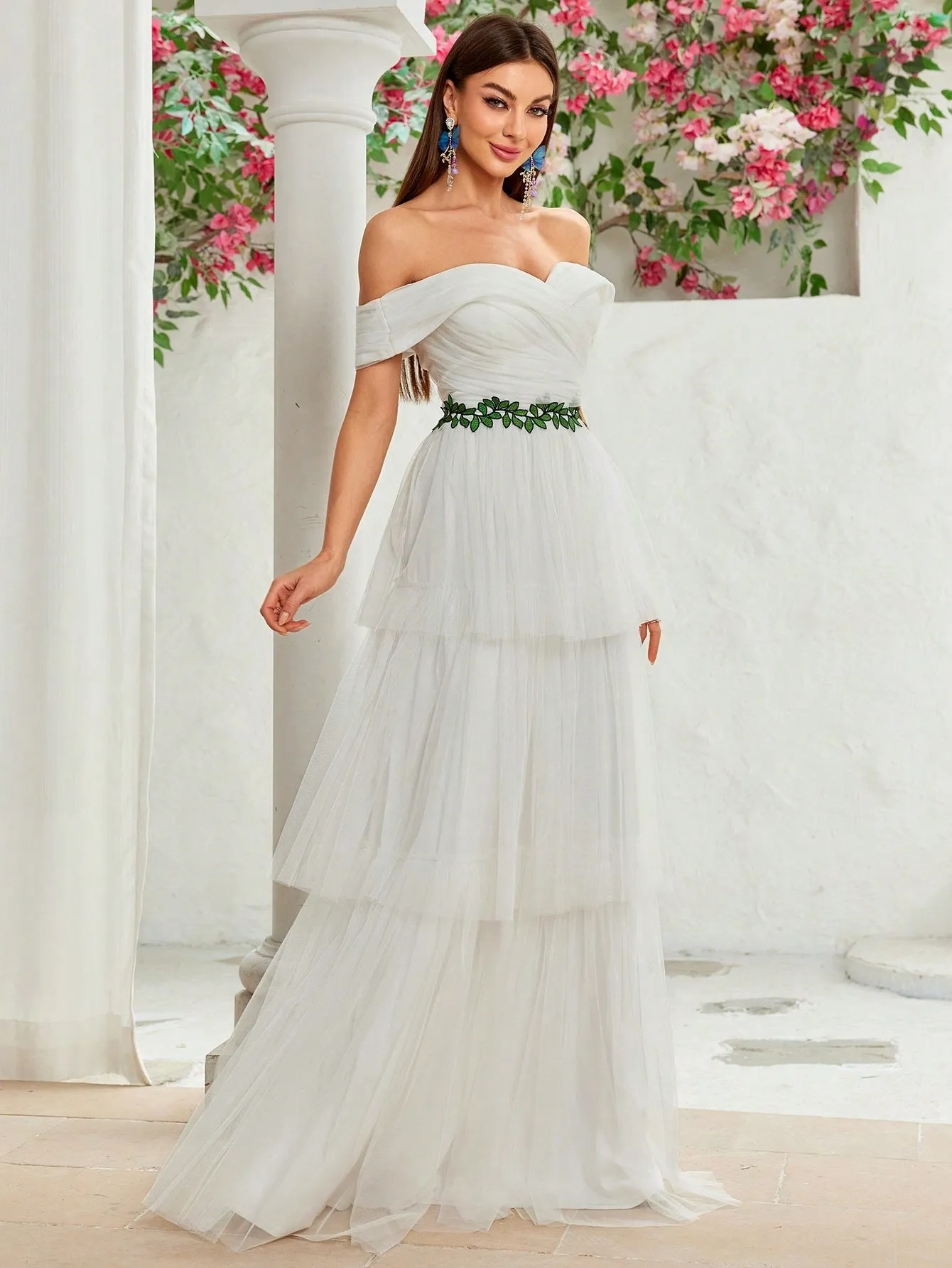 Off Shoulder Mesh Patchwork Evening Dress