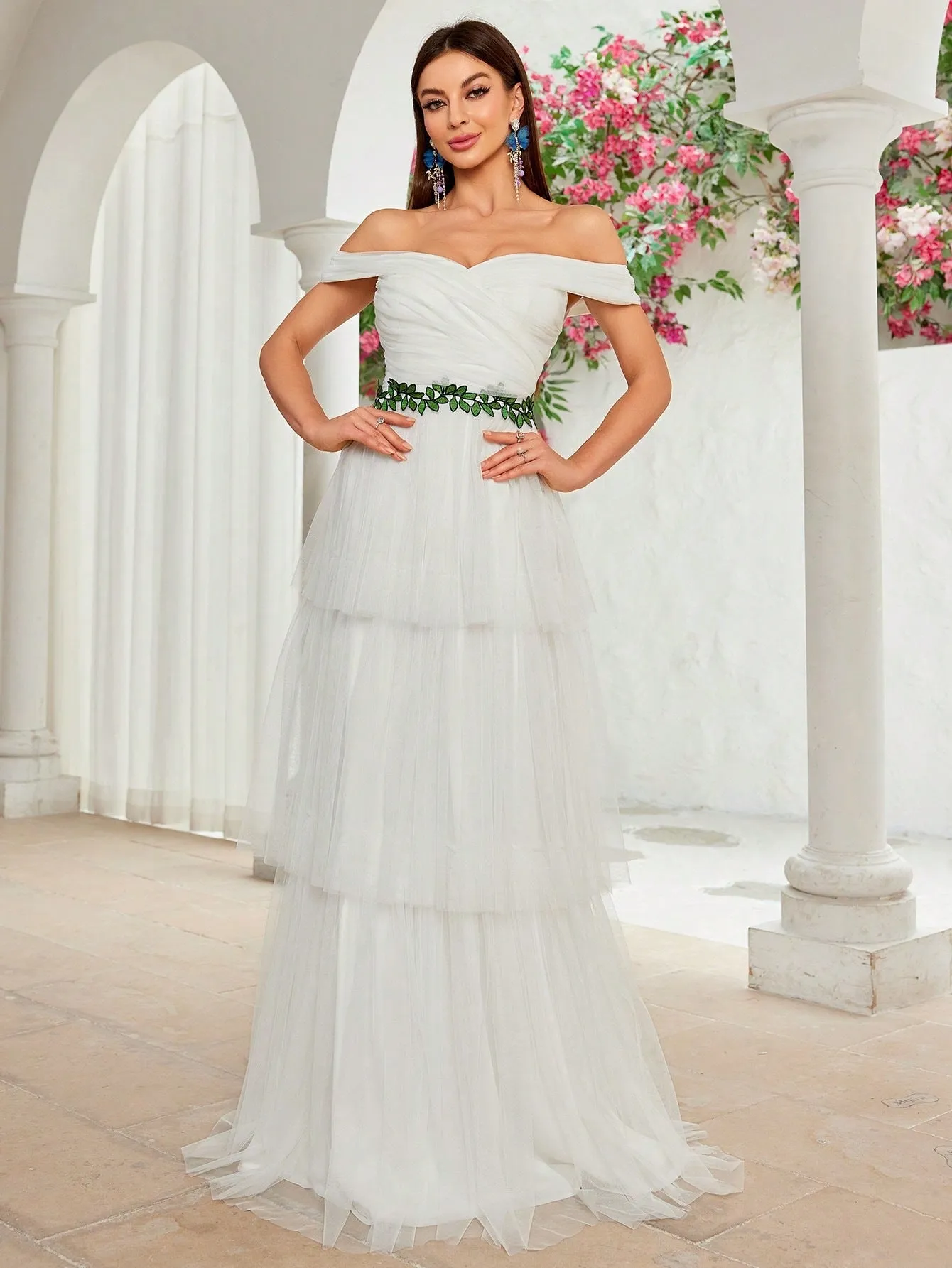 Off Shoulder Mesh Patchwork Evening Dress