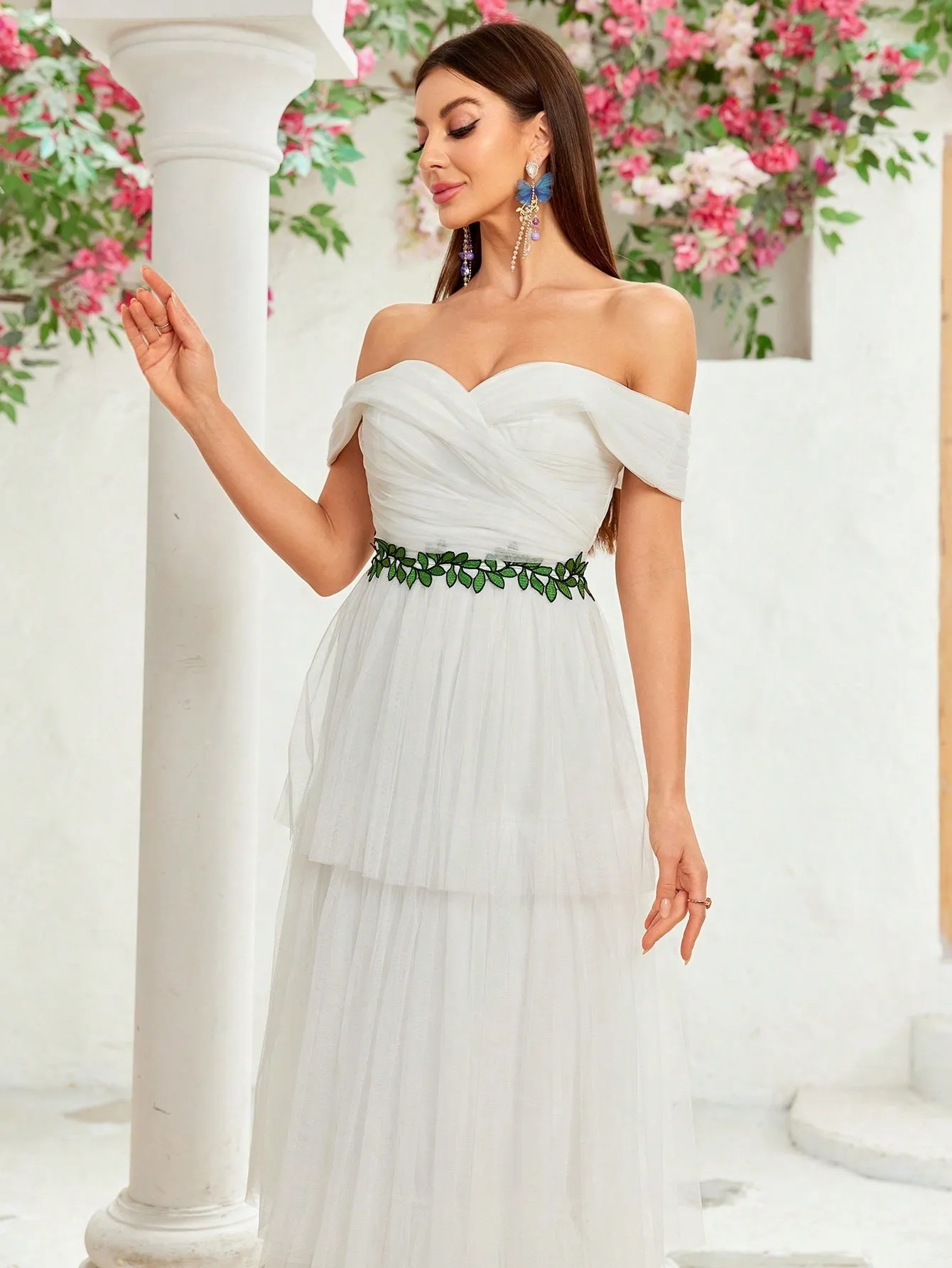 Off Shoulder Mesh Patchwork Evening Dress