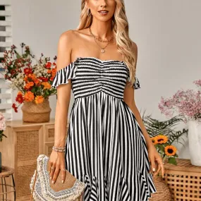 Off-shoulder Ruffle Edge Striped Dress