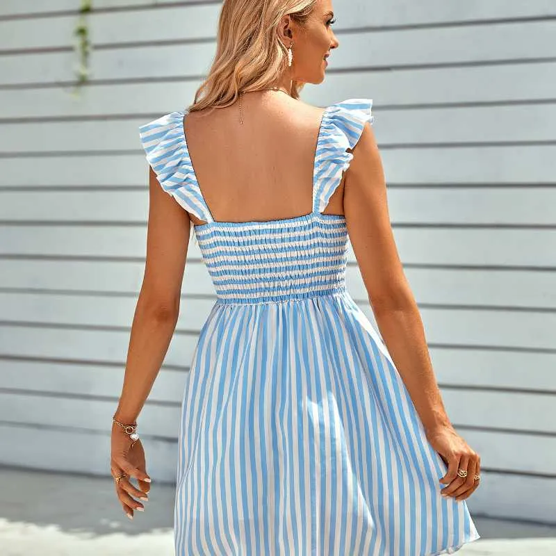 Off-shoulder Ruffle Edge Striped Dress