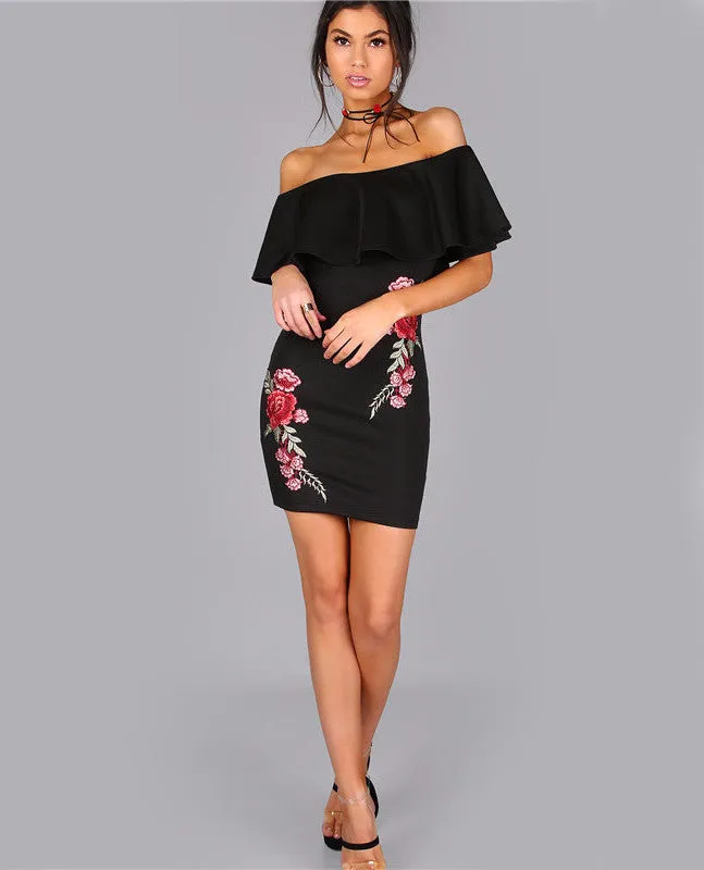 Off The Shoulder Rose Applique Embroidered Dress