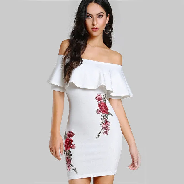 Off The Shoulder Rose Applique Embroidered Dress