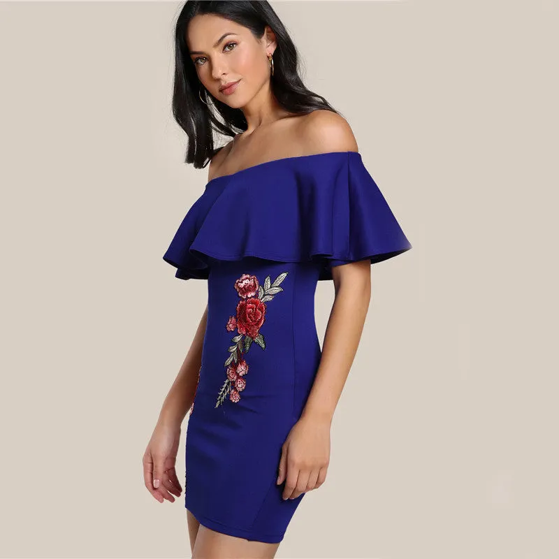 Off The Shoulder Rose Applique Embroidered Dress