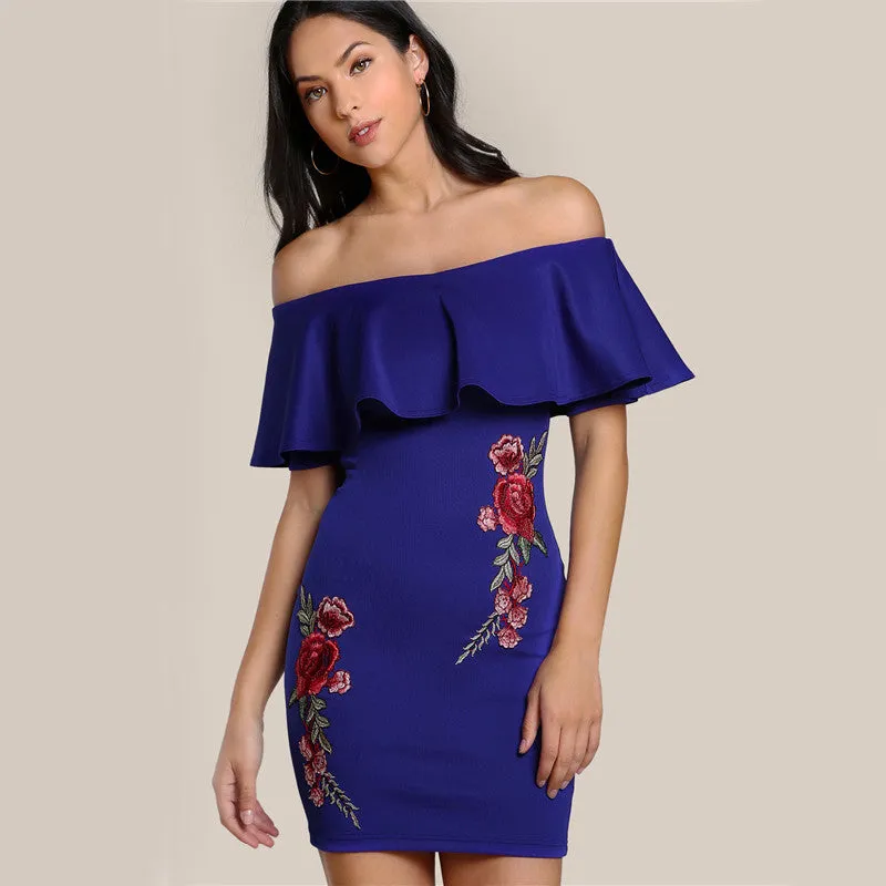 Off The Shoulder Rose Applique Embroidered Dress