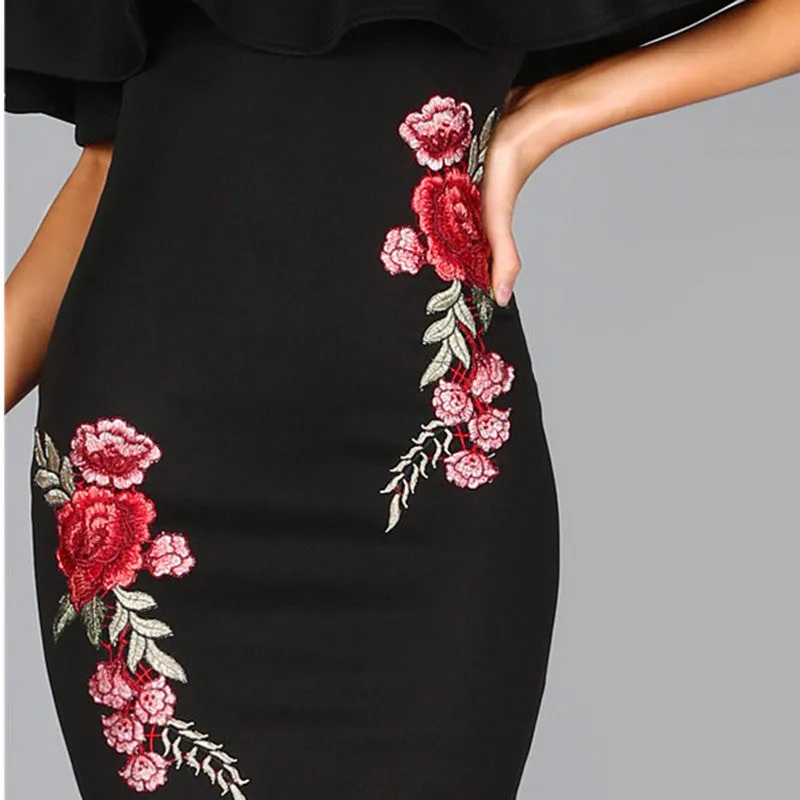 Off The Shoulder Rose Applique Embroidered Dress