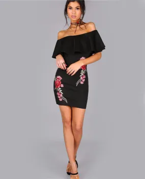 Off The Shoulder Rose Applique Embroidered Dress
