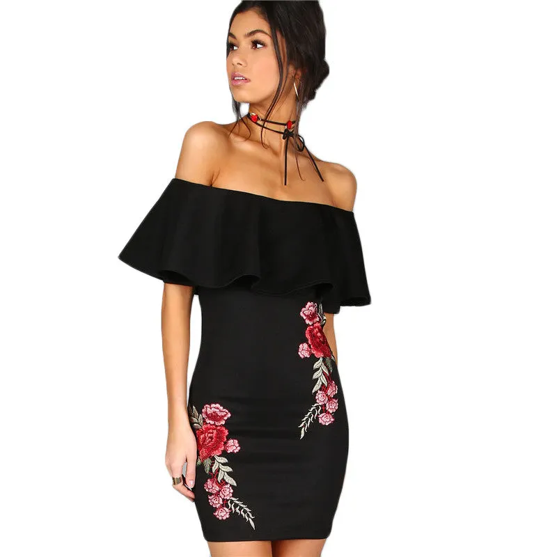 Off The Shoulder Rose Applique Embroidered Dress