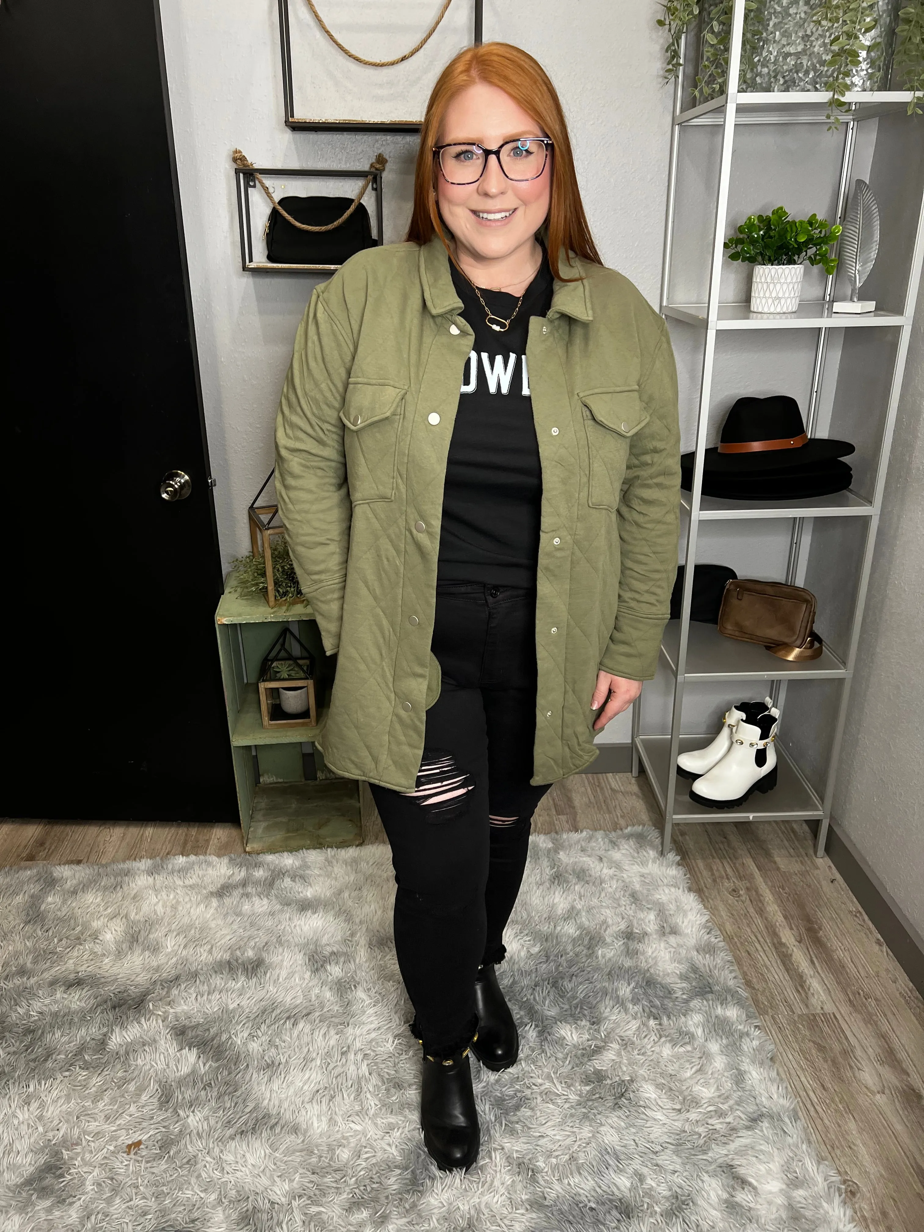 Olive Collar Button Down Jacket Plus Size