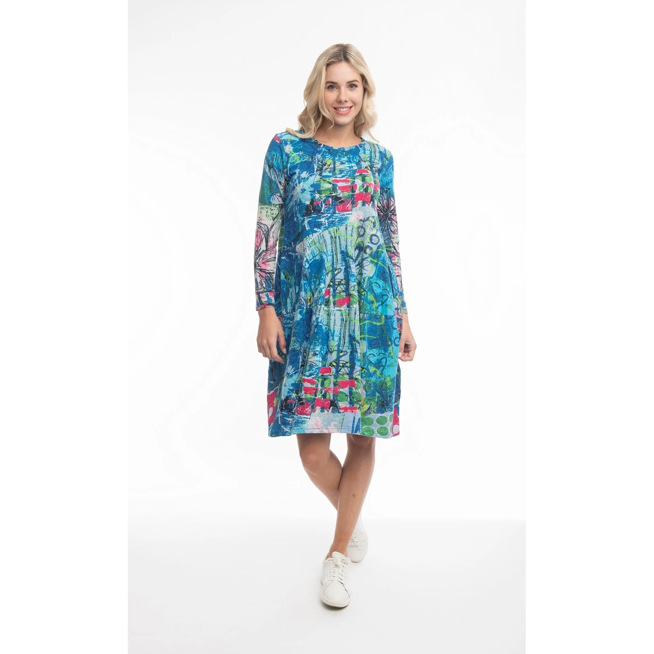 Orientique - Happy Place Long Sleeve Bubble Dress in Bold Blue Print (21079)