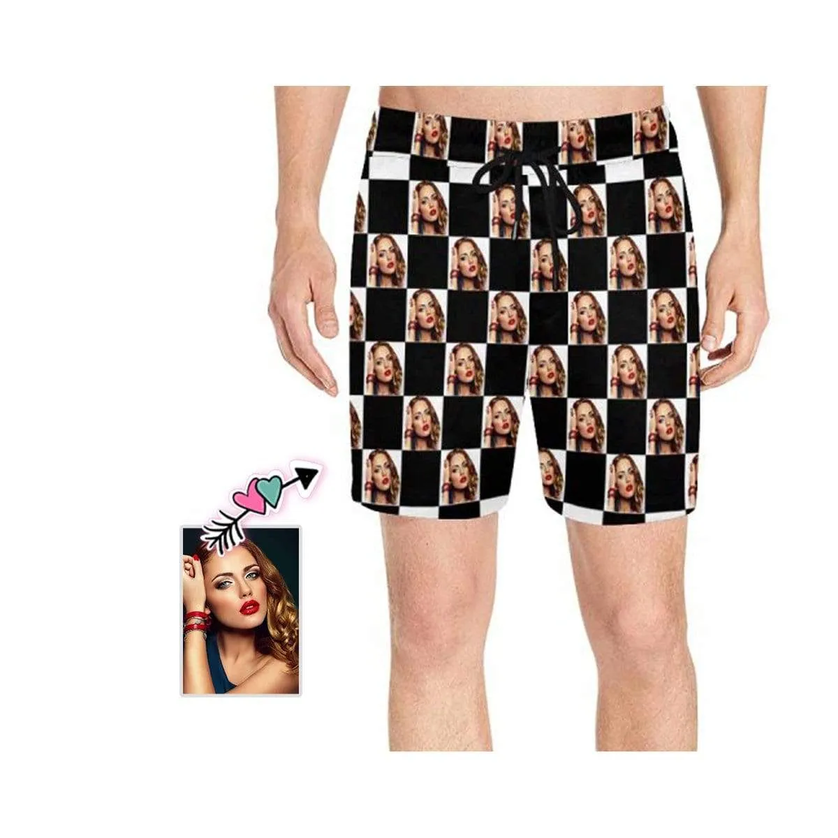 Personalized Girlfriend's Face Swim Shorts Custom Lattice Men's Quick Dry Swim Shorts with Photos for Holiday