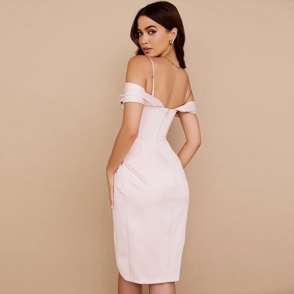 Pleated Off-shoulder Split Sling Dress