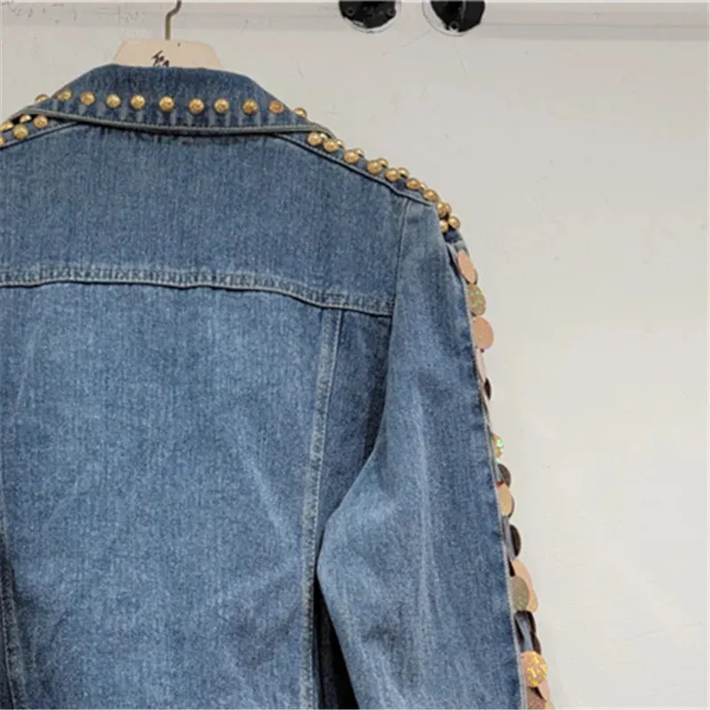 Pre Order:  Sequin Diamond Rivet Loose Vintage Denim Jacket