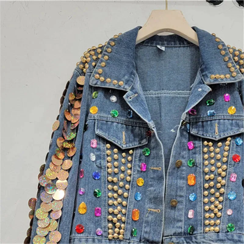 Pre Order:  Sequin Diamond Rivet Loose Vintage Denim Jacket