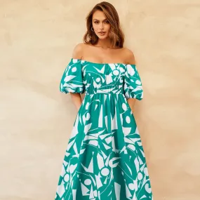 Printed Off-Shoulder Balloon Sleeve Dress