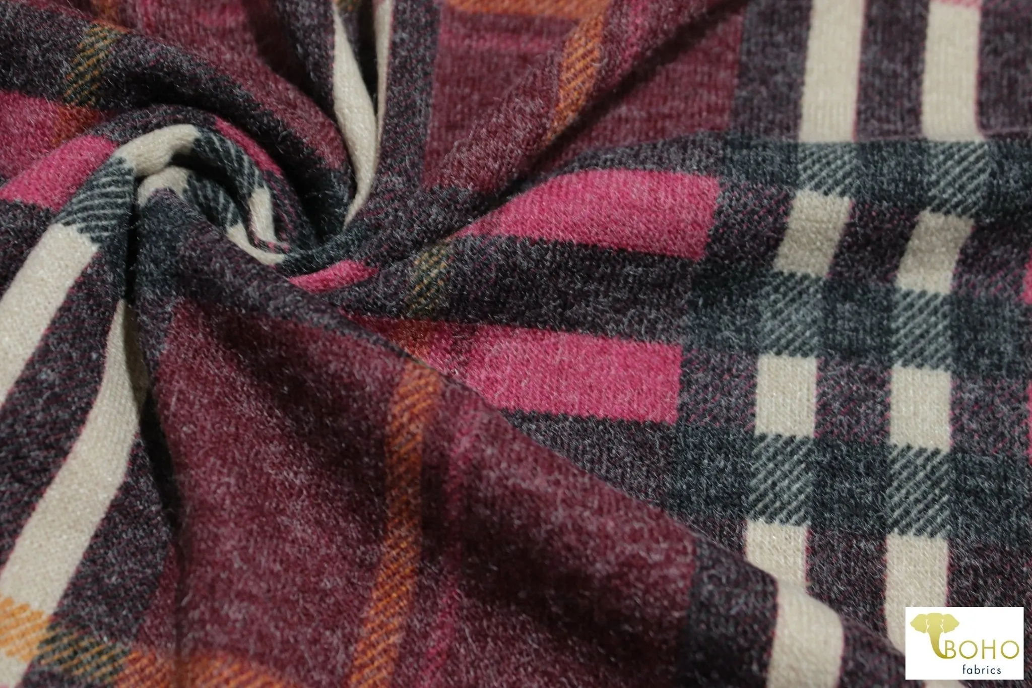 Raspberry Plaid Brushed Sweater Knit Fabric. PRSW-106