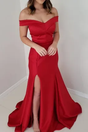 Red Off Shoulder Mermaid Satin Long Prom Dress with Side Slit, Off Shoulder Mermaid Red Formal Dress, Mermaid Red Evening Dress