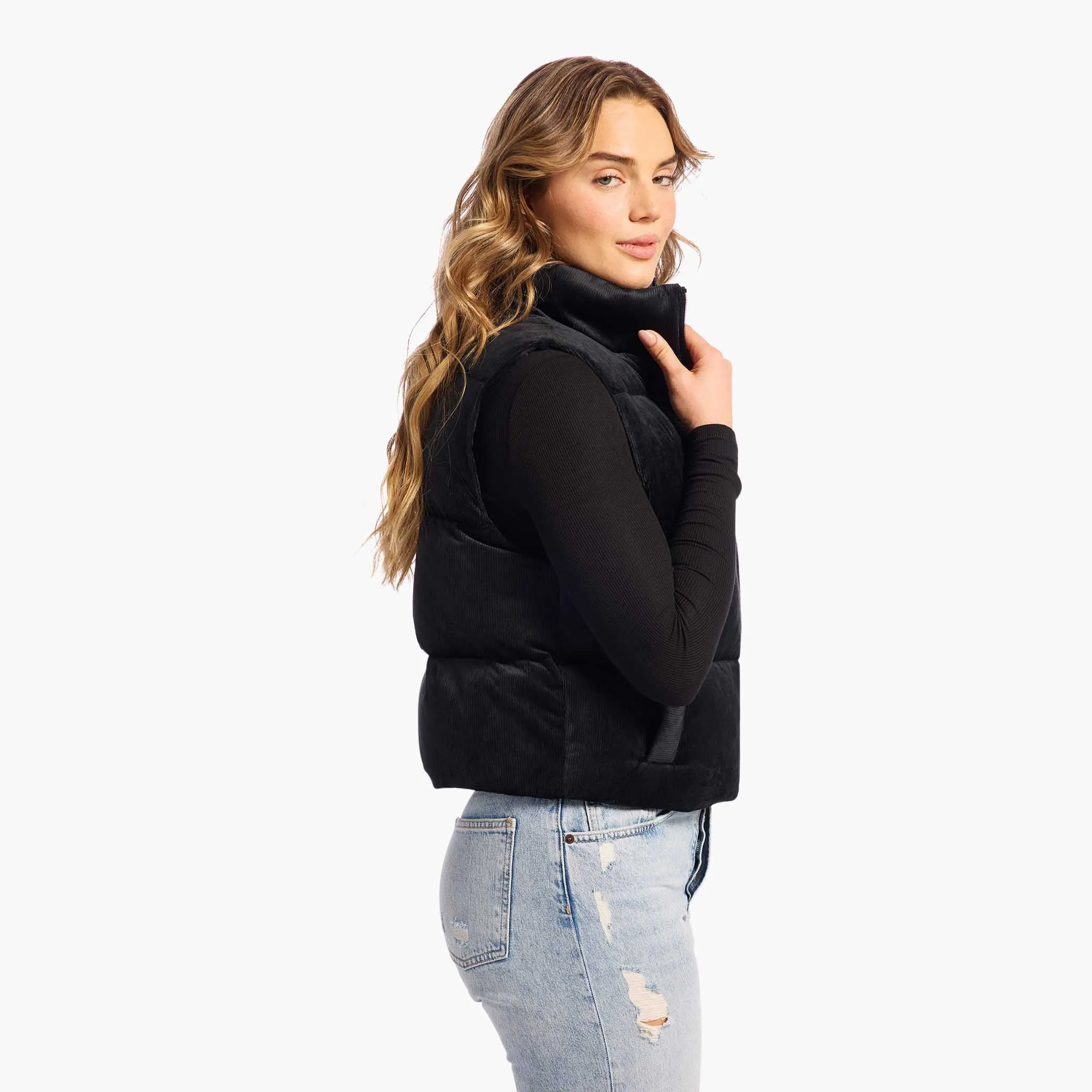 Ribbed Velour Puffer Vest | Black