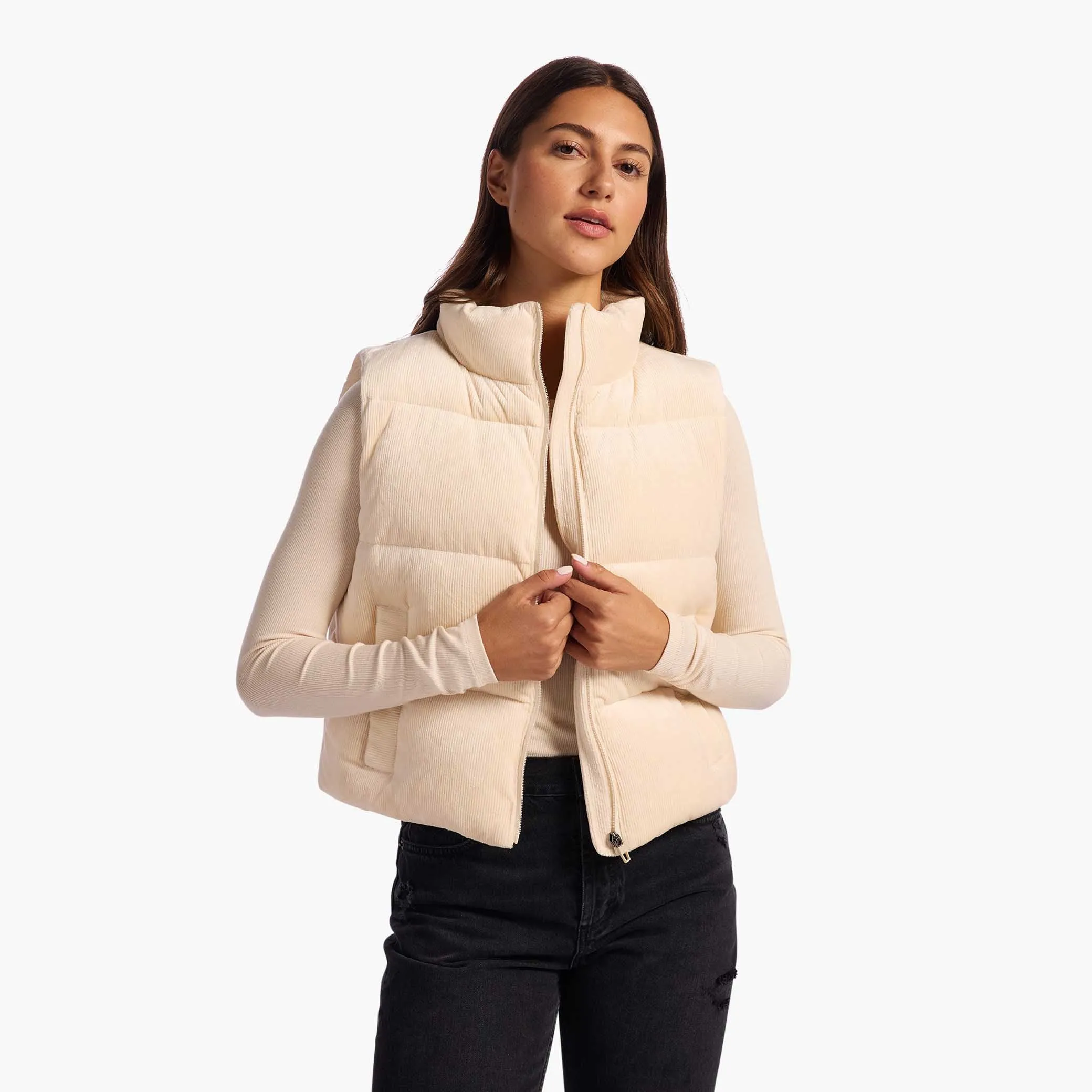 Ribbed Velour Puffer Vest | Bone