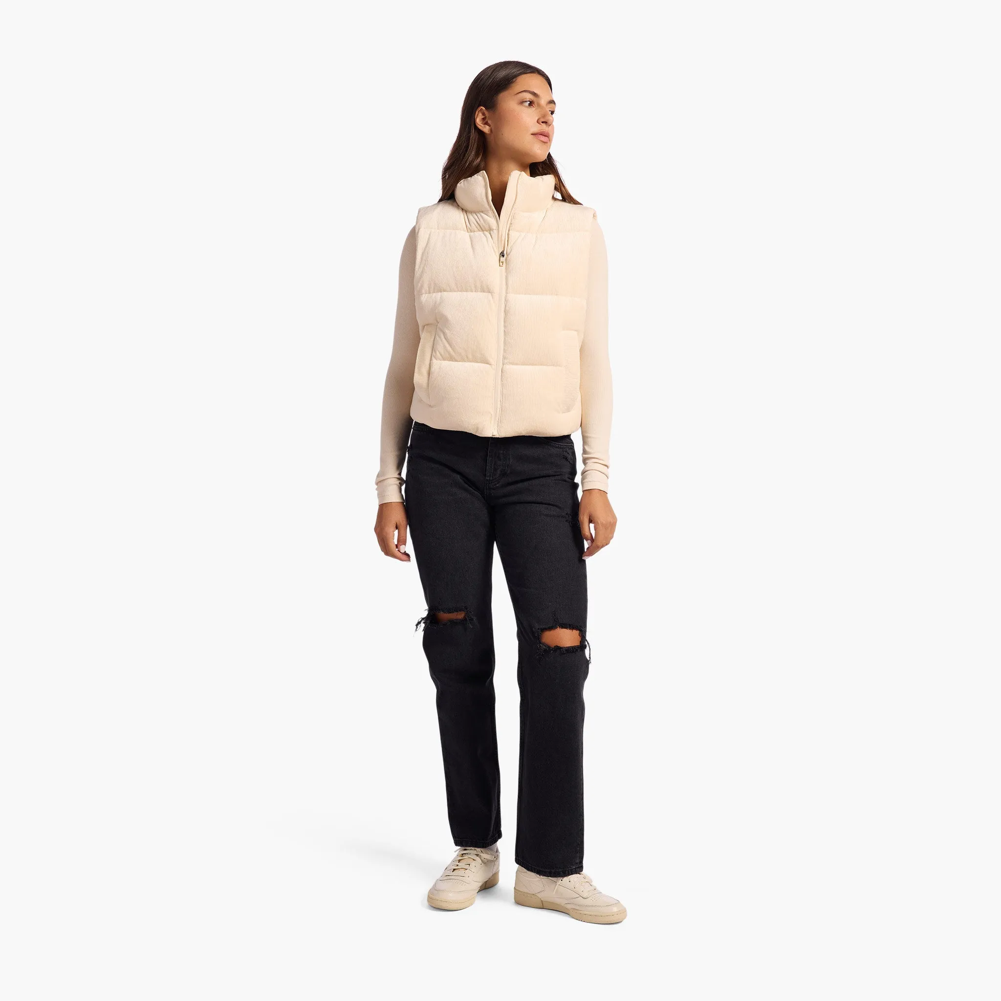 Ribbed Velour Puffer Vest | Bone