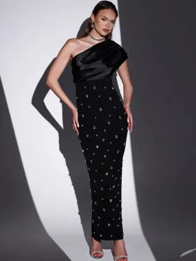 Sexy One Shoulder Diamonds Maxi Bodycon Evening Party Dress