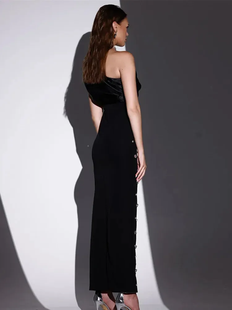 Sexy One Shoulder Diamonds Maxi Bodycon Evening Party Dress
