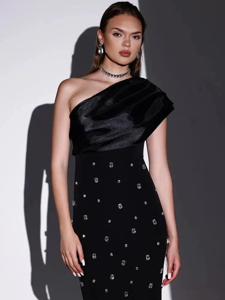 Sexy One Shoulder Diamonds Maxi Bodycon Evening Party Dress