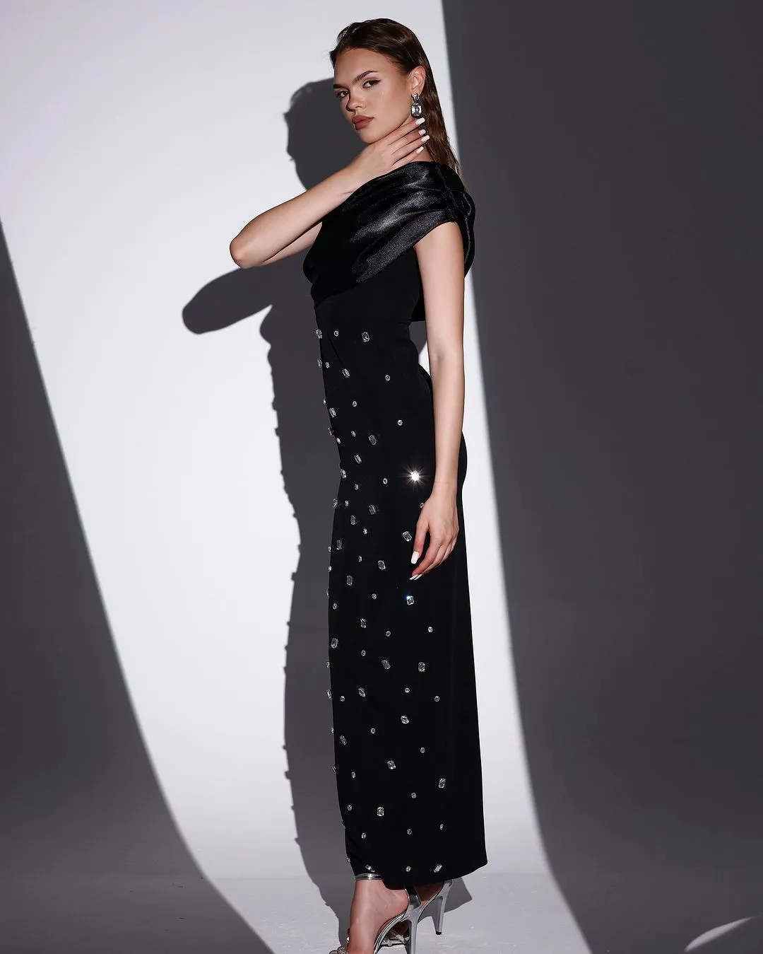 Sexy One Shoulder Diamonds Maxi Bodycon Evening Party Dress