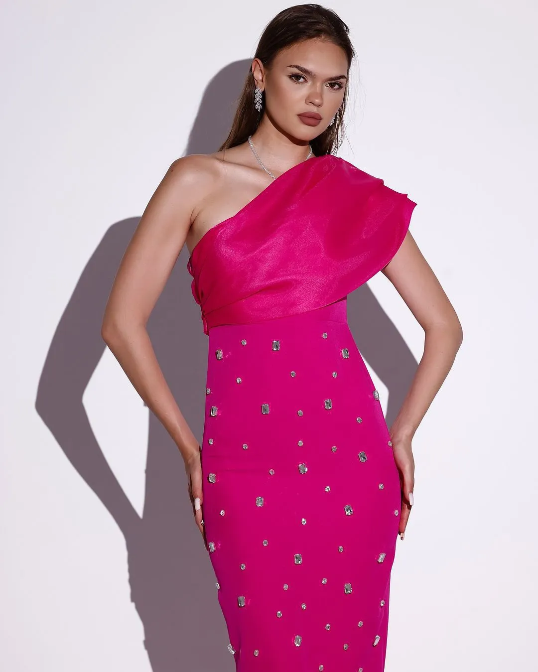 Sexy One Shoulder Diamonds Maxi Bodycon Evening Party Dress