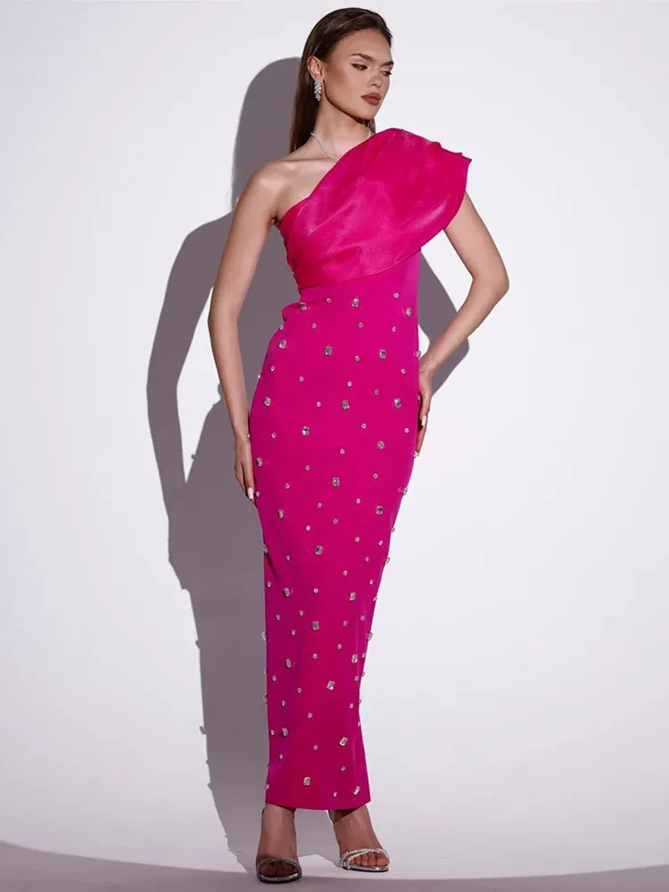 Sexy One Shoulder Diamonds Maxi Bodycon Evening Party Dress