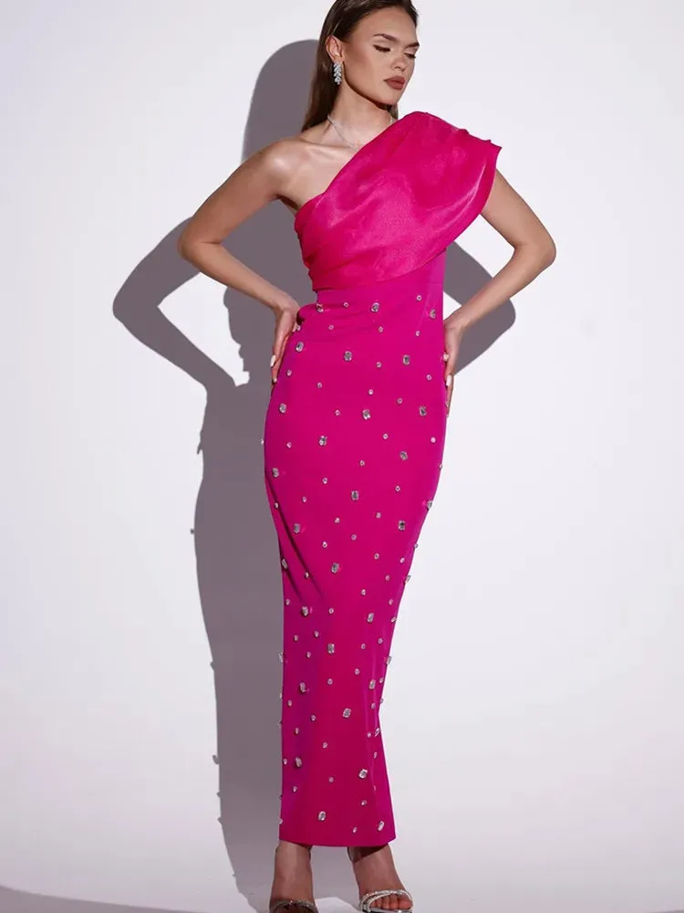 Sexy One Shoulder Diamonds Maxi Bodycon Evening Party Dress