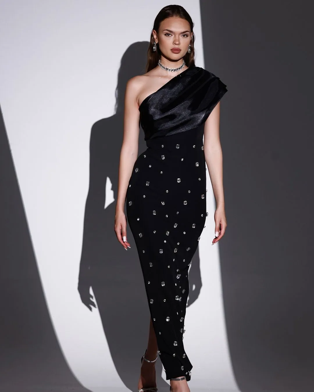 Sexy One Shoulder Diamonds Maxi Bodycon Evening Party Dress