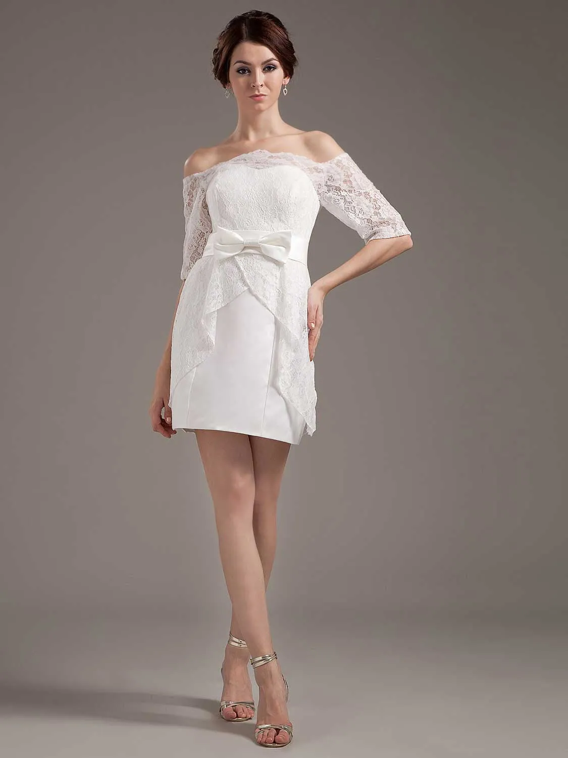 Short Lace Reception Dress with Off Shoulder Sleeves