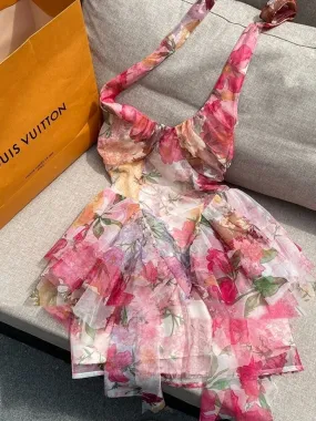 Showa Fairy Style / Pure and Elegant Halter Neck Floral Dress for Women, Summer Waist-Defining Slimming Puff Skirt