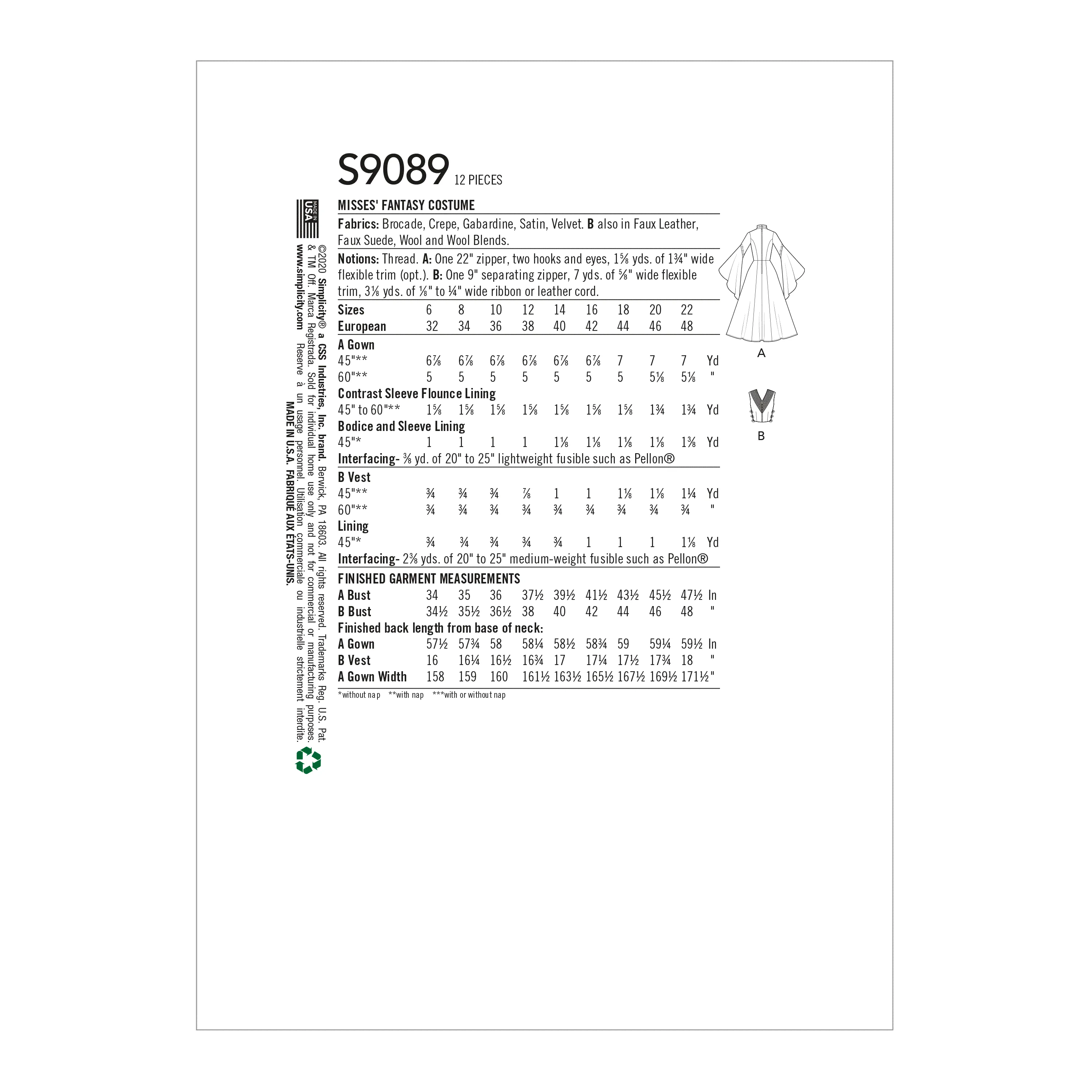 Simplicity Sewing Pattern S9089 Fantasy Costume