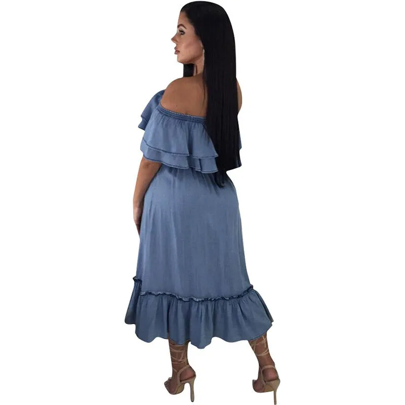 Stitching Off Shoulder Denim Ruffles Dress #Ruffle #Denim #Off The Shoulder