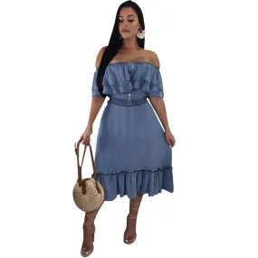 Stitching Off Shoulder Denim Ruffles Dress #Ruffle #Denim #Off The Shoulder