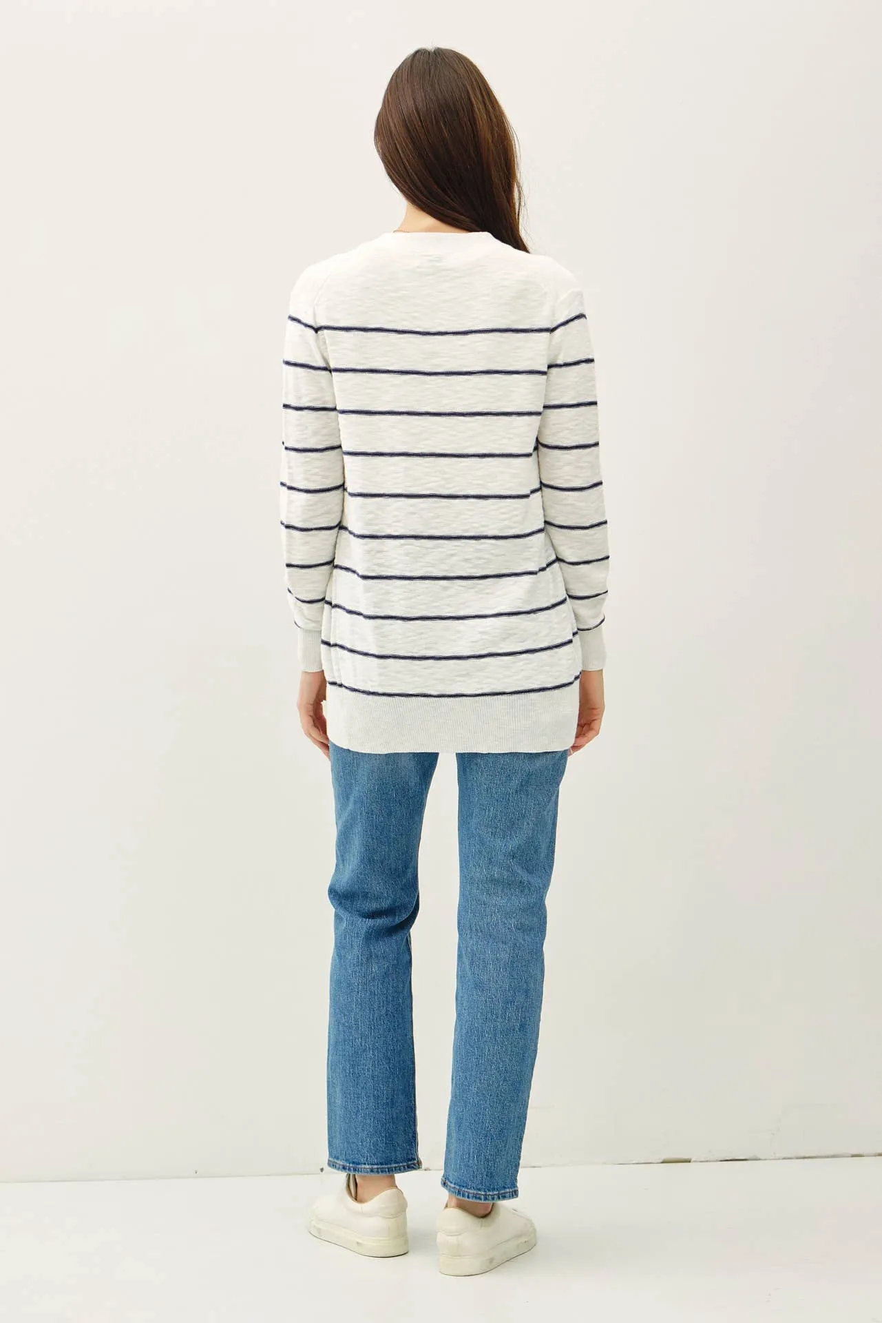 STRIPED COTTON SLUB CARDIGAN: Indigo