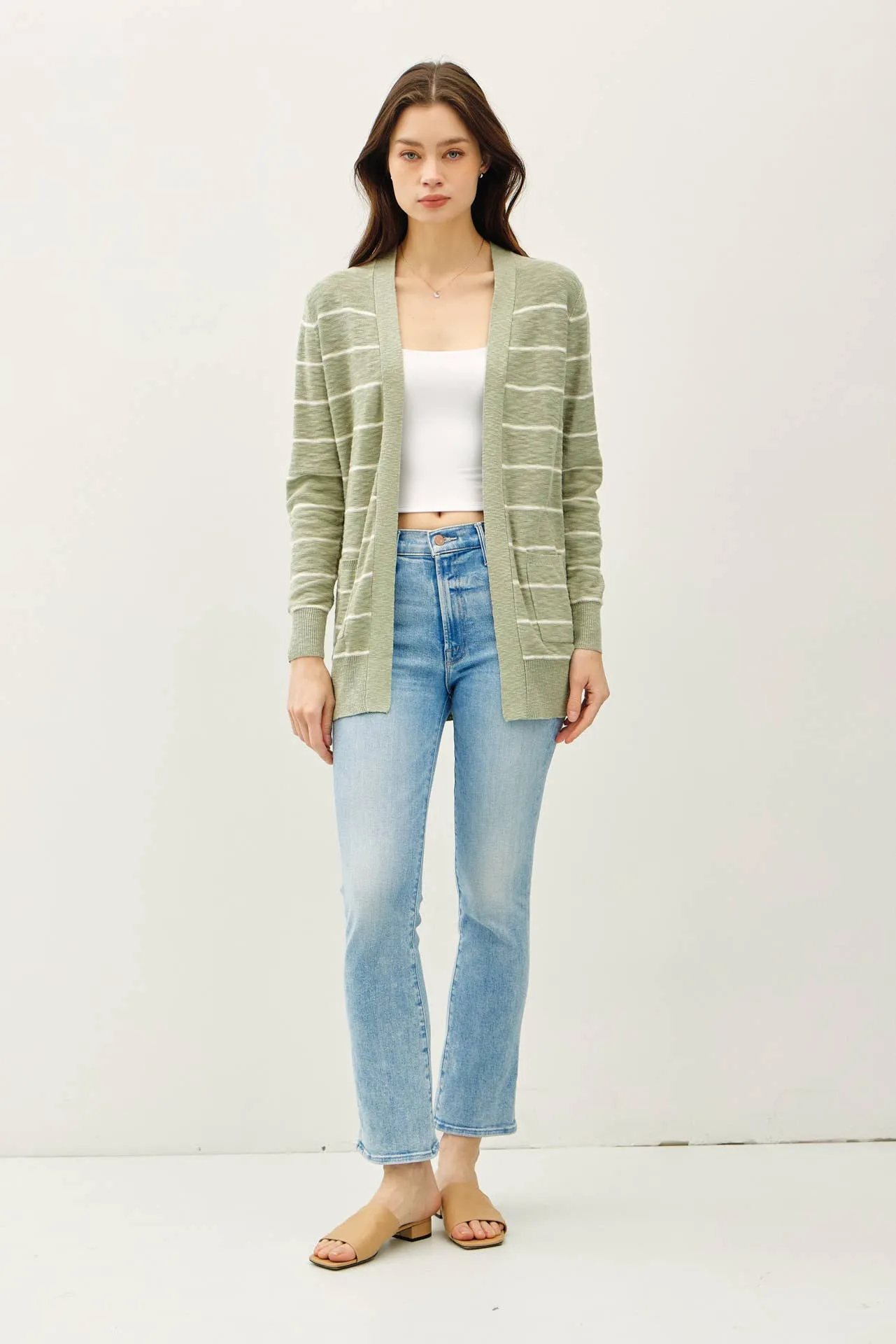 STRIPED COTTON SLUB CARDIGAN: Indigo