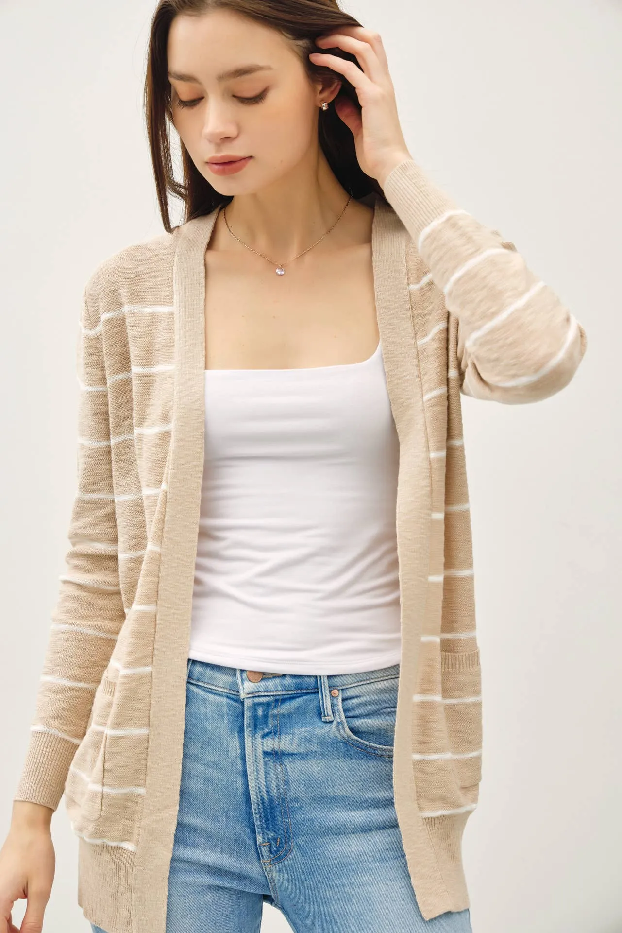 STRIPED COTTON SLUB CARDIGAN: Indigo