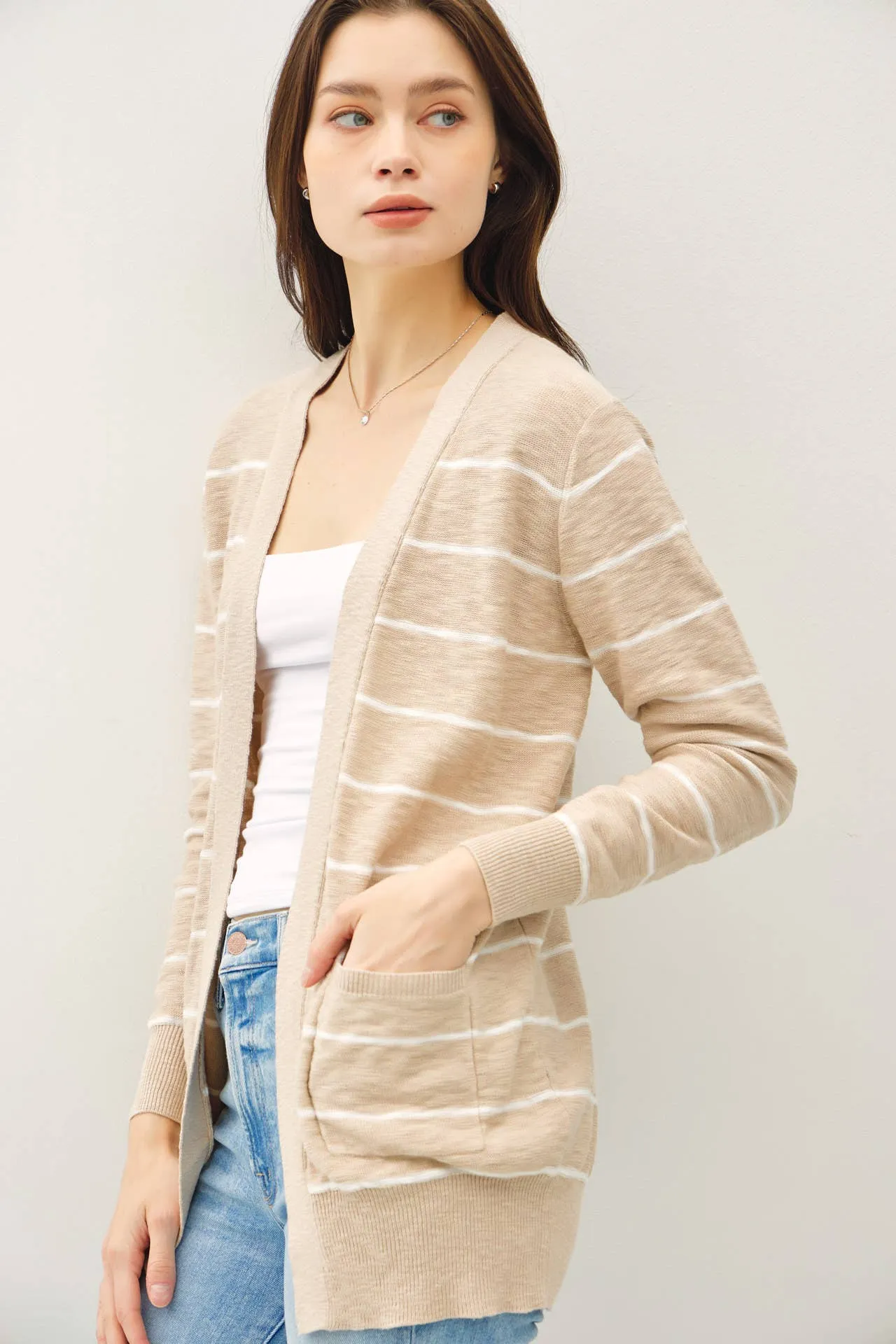 STRIPED COTTON SLUB CARDIGAN: Indigo