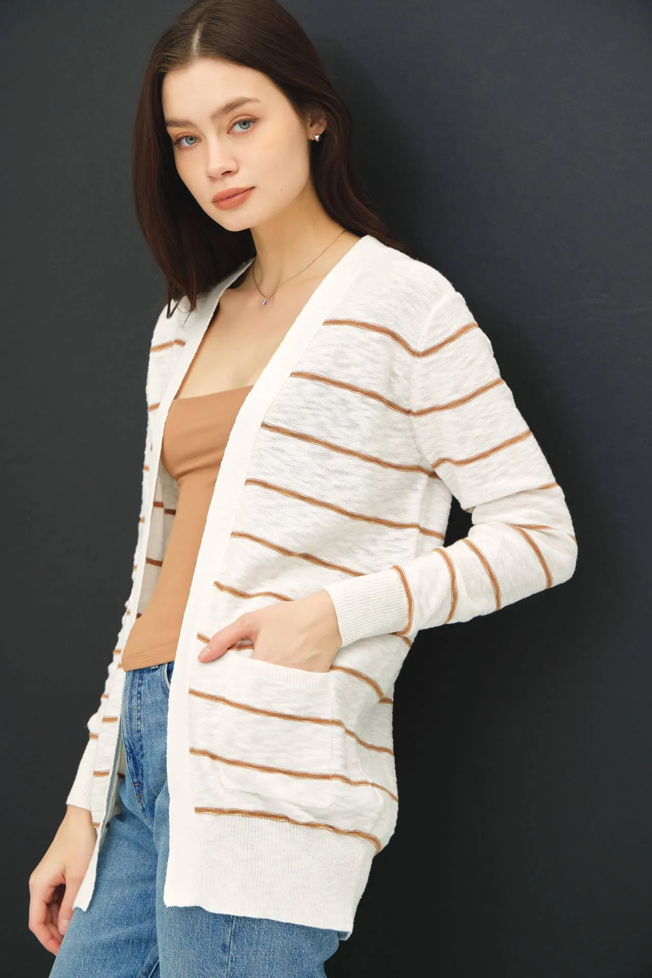 STRIPED COTTON SLUB CARDIGAN: Indigo